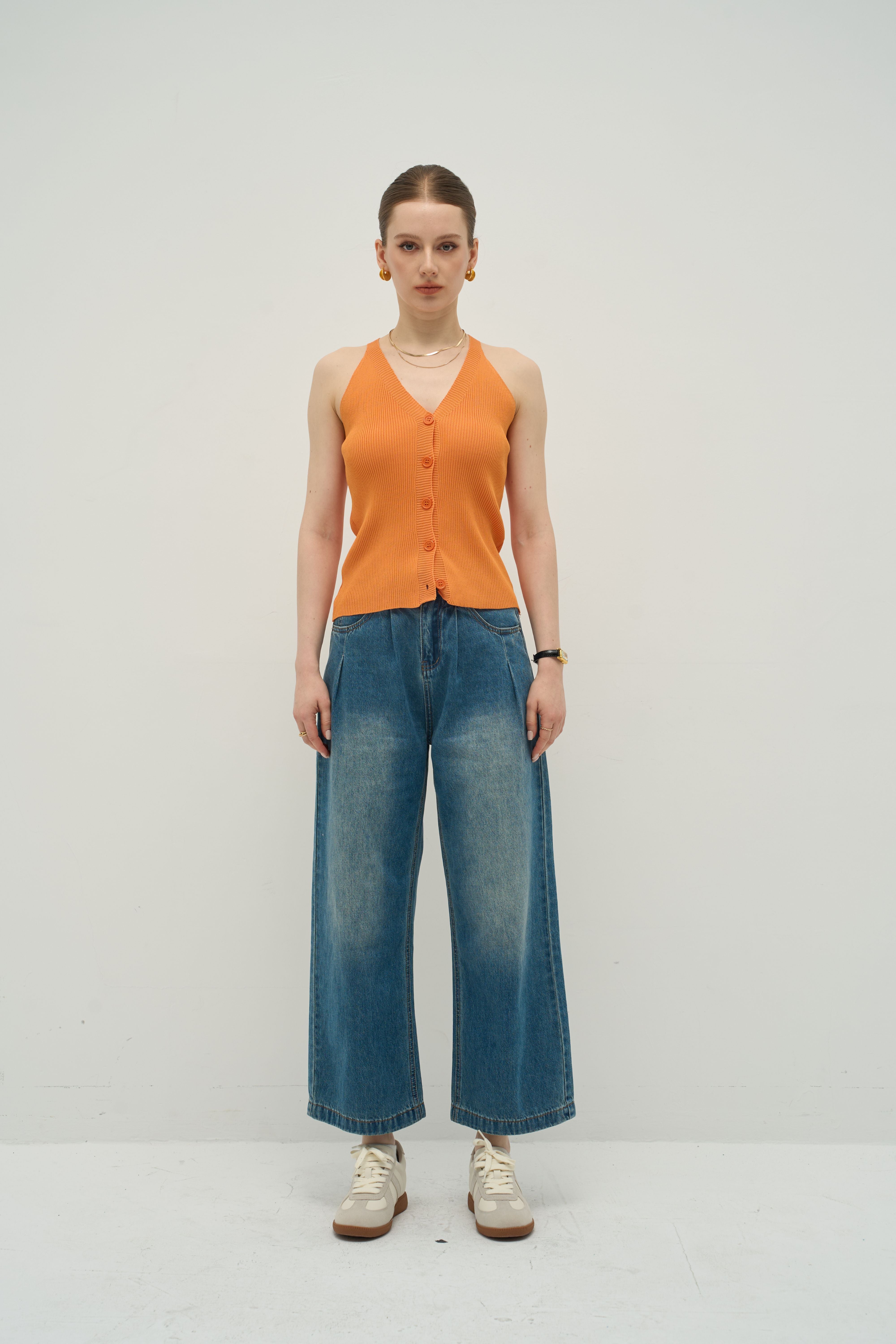 Halter V-Neck Ribbed Button Tank | Merra Muse