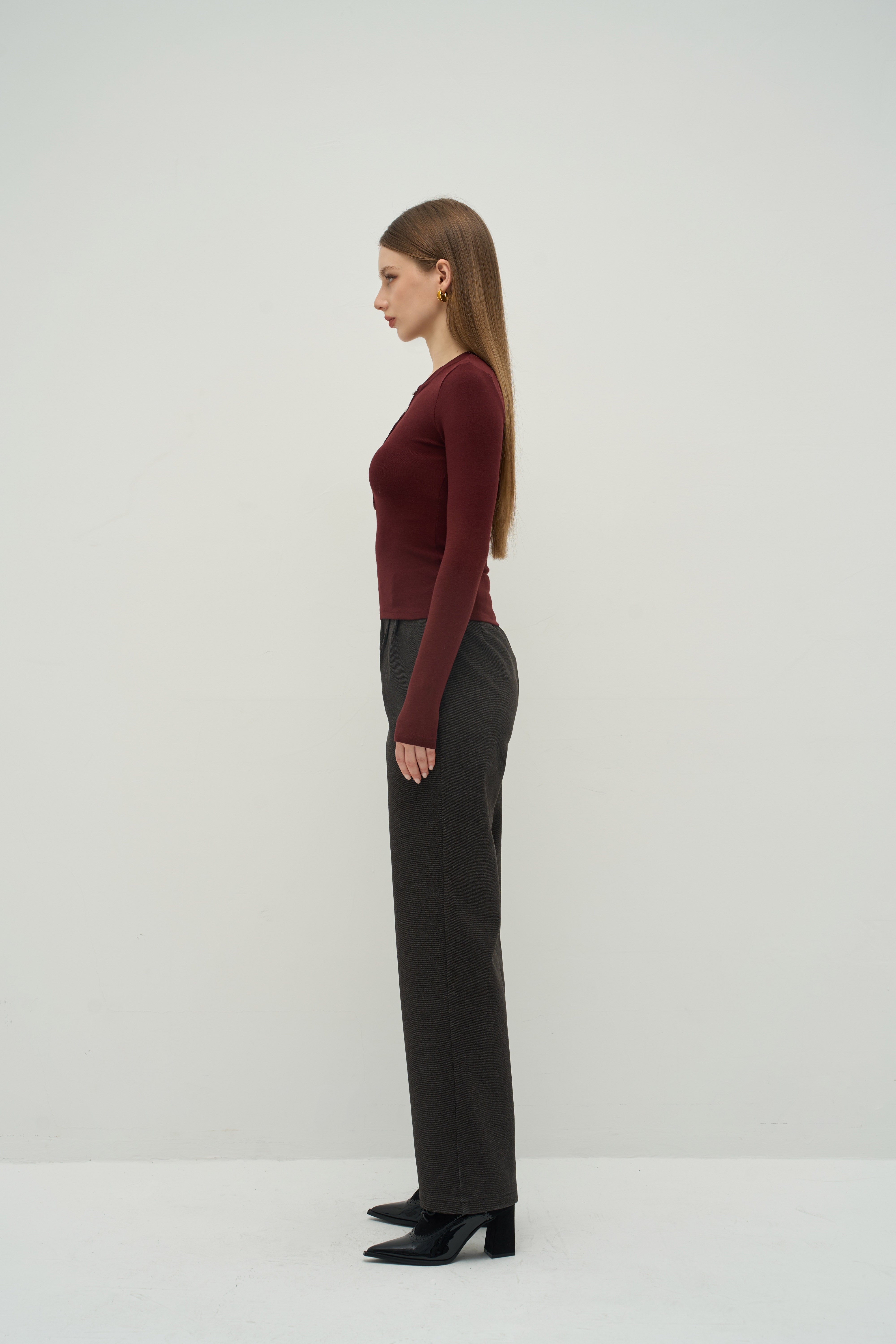 Merra Muse refined cashmere-touch henley long sleeve top with a soft fitted silhouette
