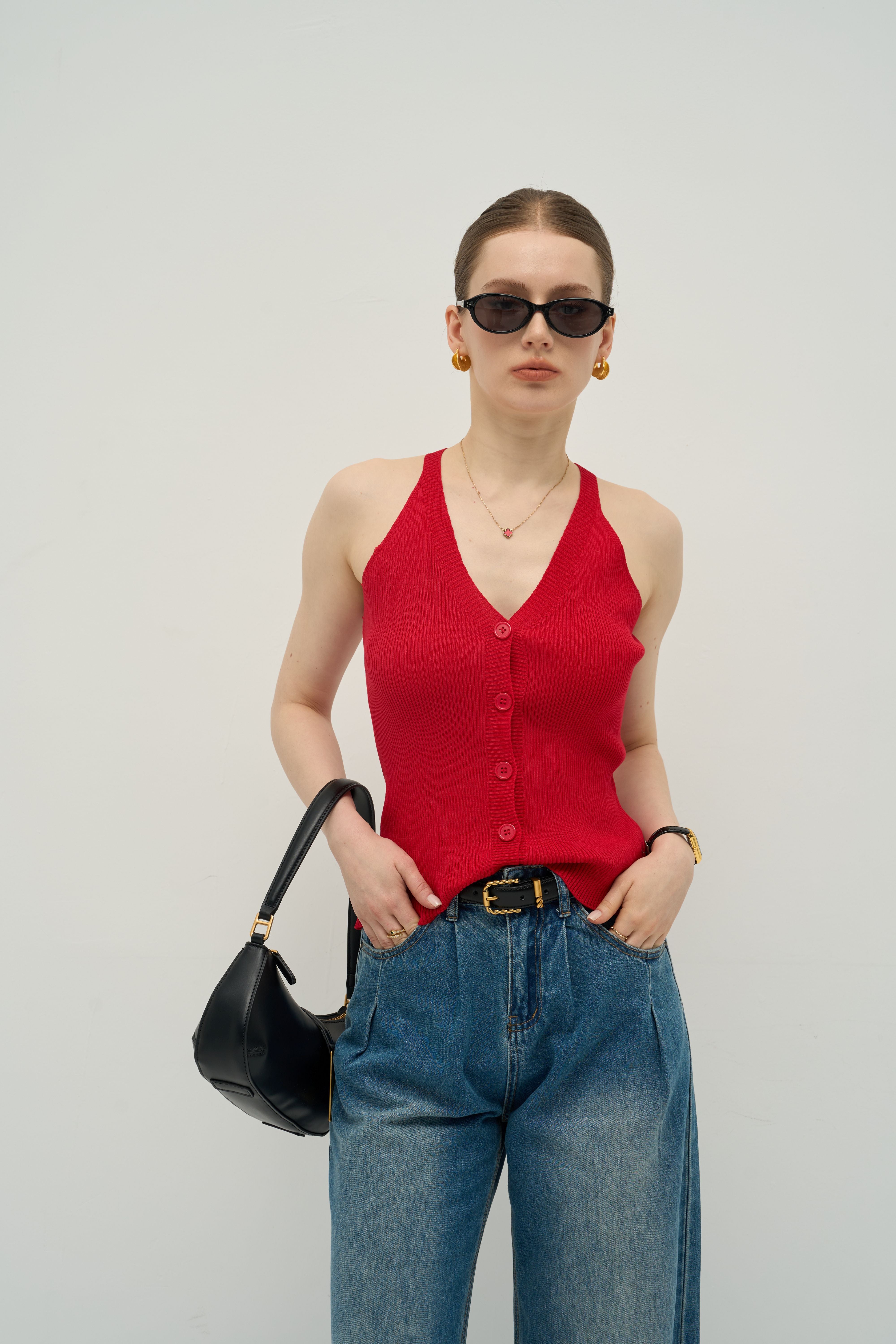 Halter V-Neck Ribbed Button Tank – Quiet Luxury Essential | Merra Muse