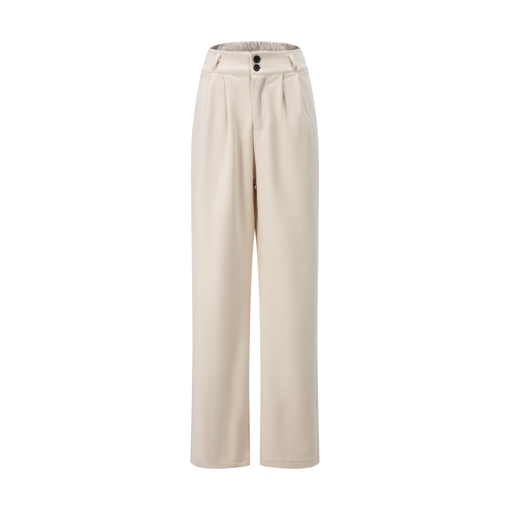 Merra Muse quiet luxury tailored beige pants with refined straight-leg silhouette

