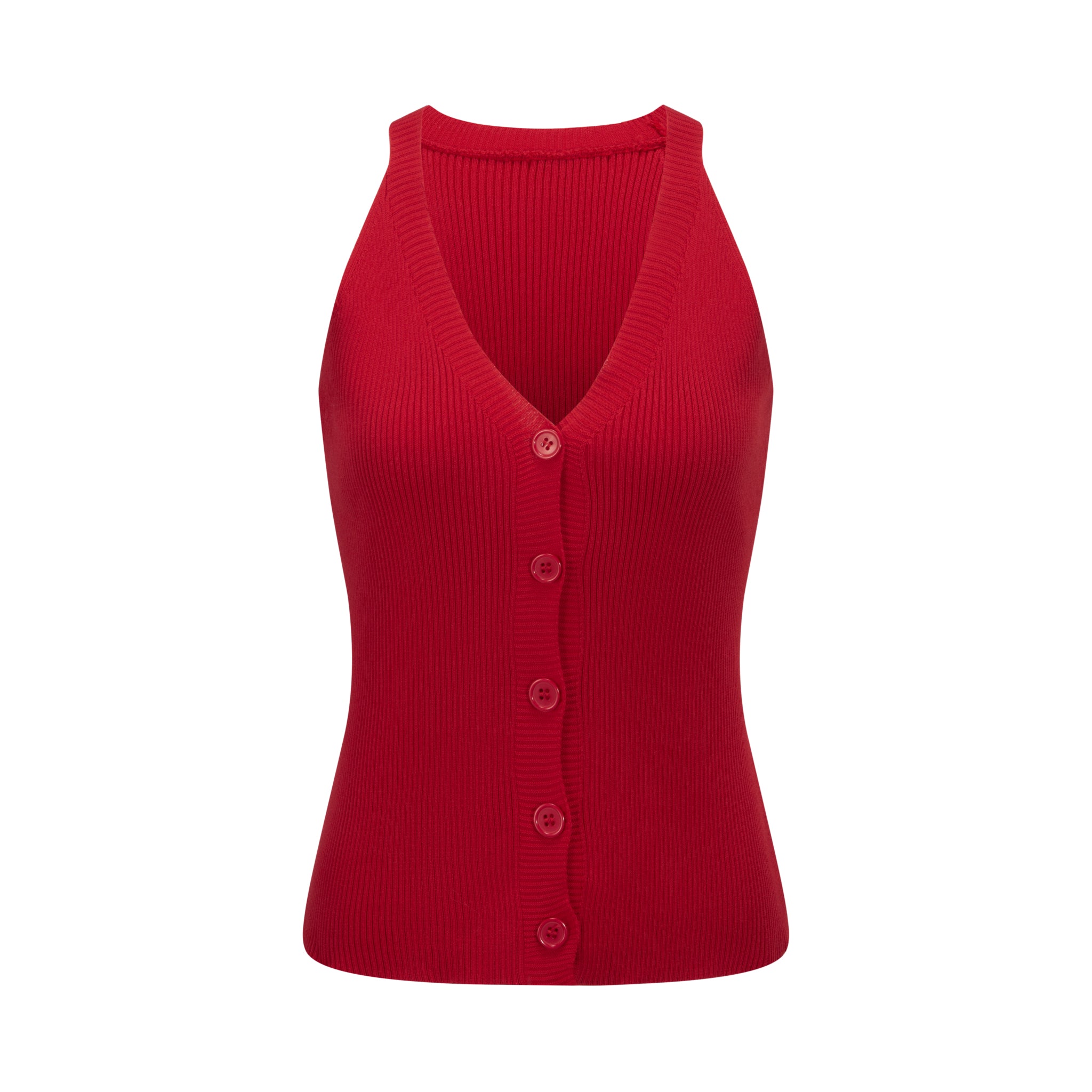 Merra Muse halter V-neck ribbed button tank with a fitted silhouette 
