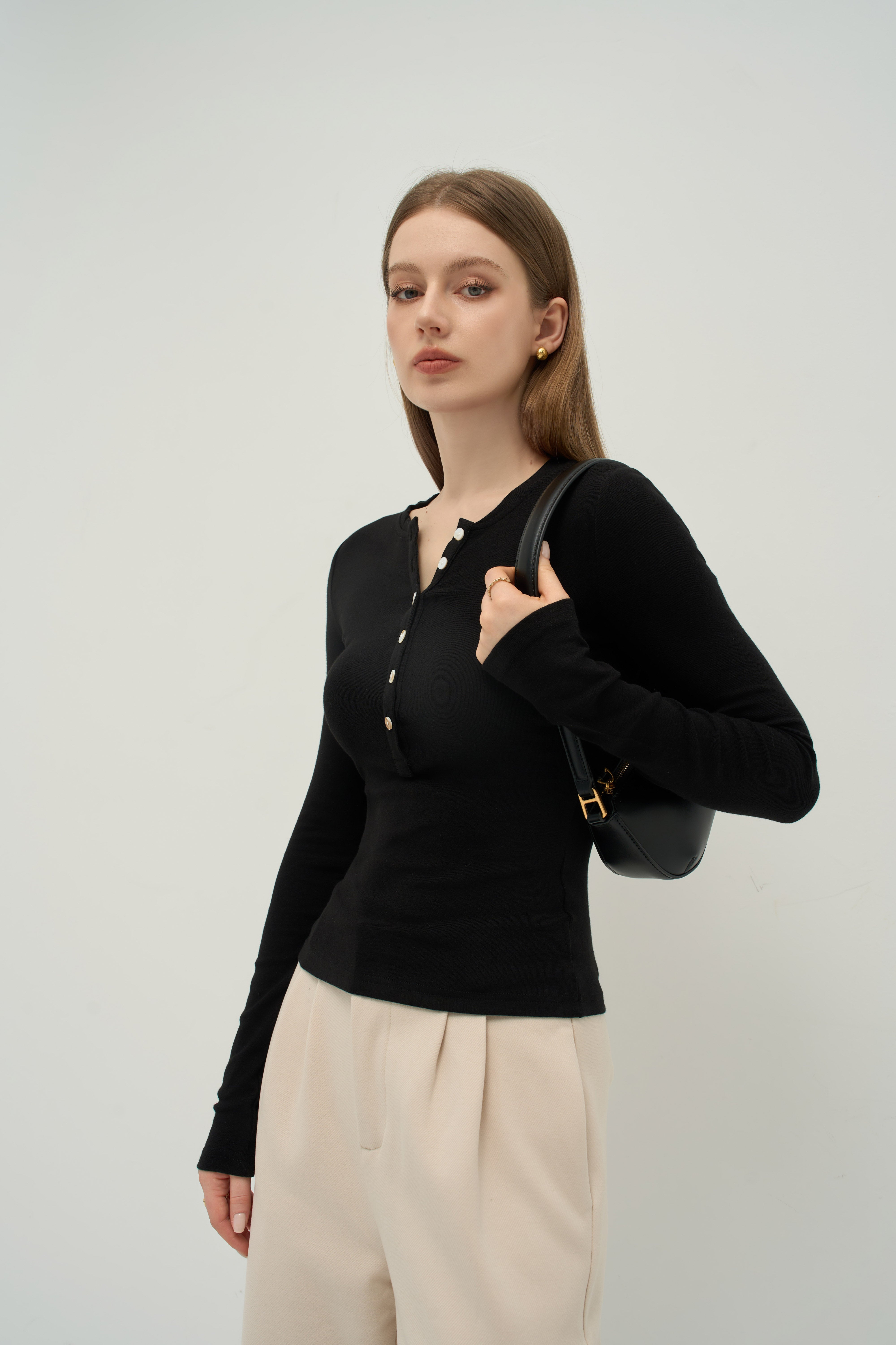 The Refined Cashmere-Touch Henley Long Sleeve | Merra Muse
