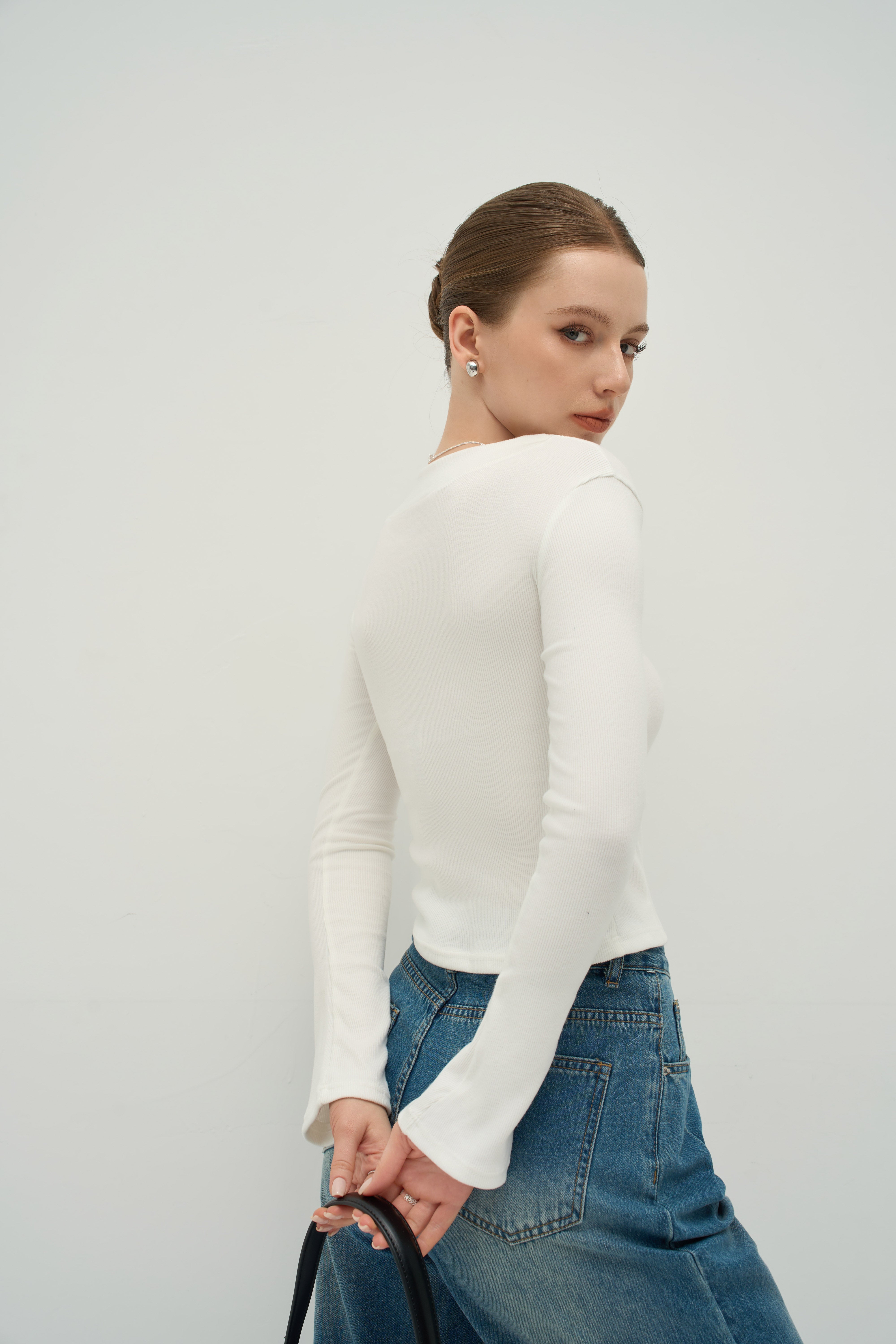 Merra Muse refined cashmere-touch henley long sleeve top with a soft fitted silhouette
