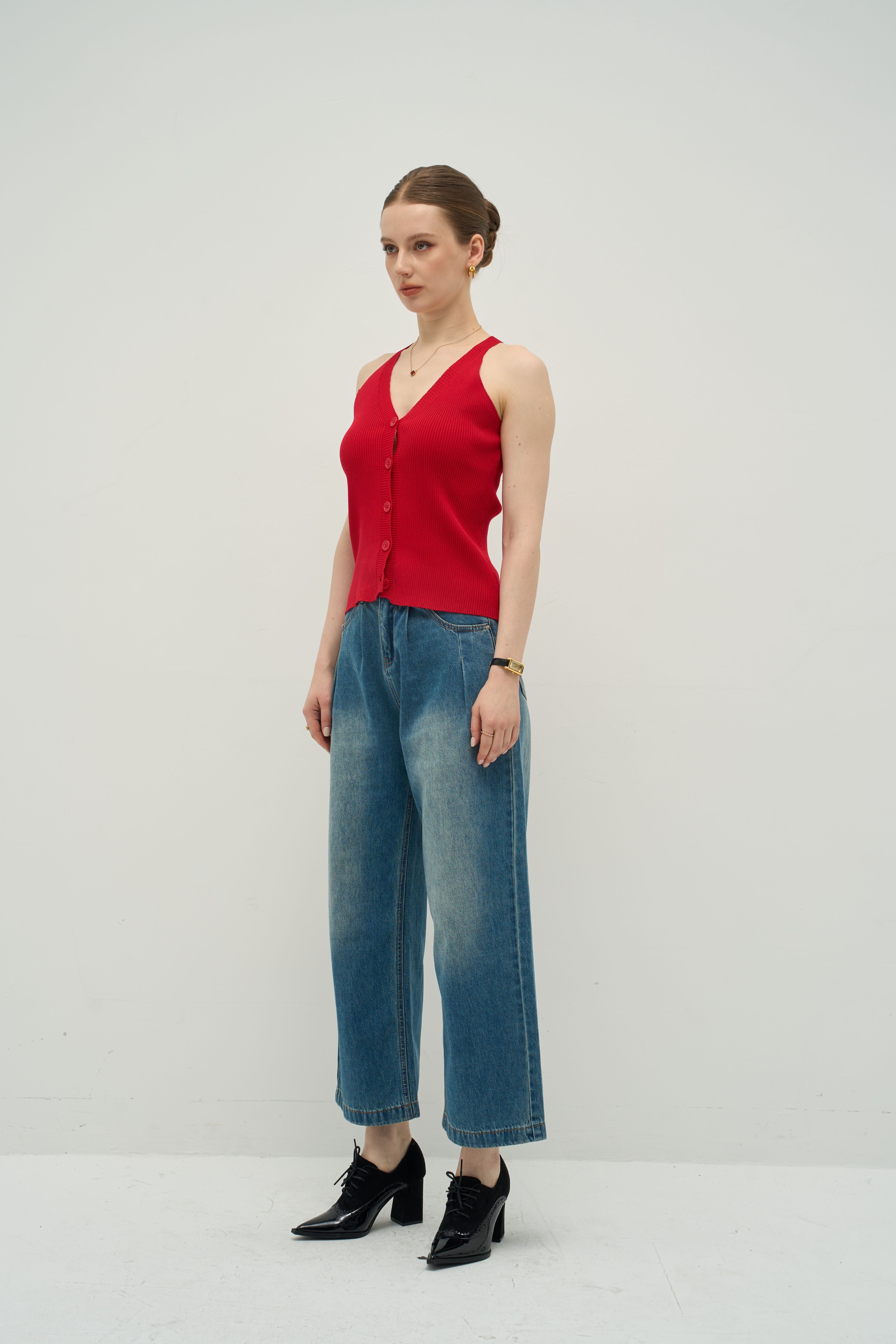 Halter V-Neck Ribbed Button Tank – Quiet Luxury Essential | Merra Muse