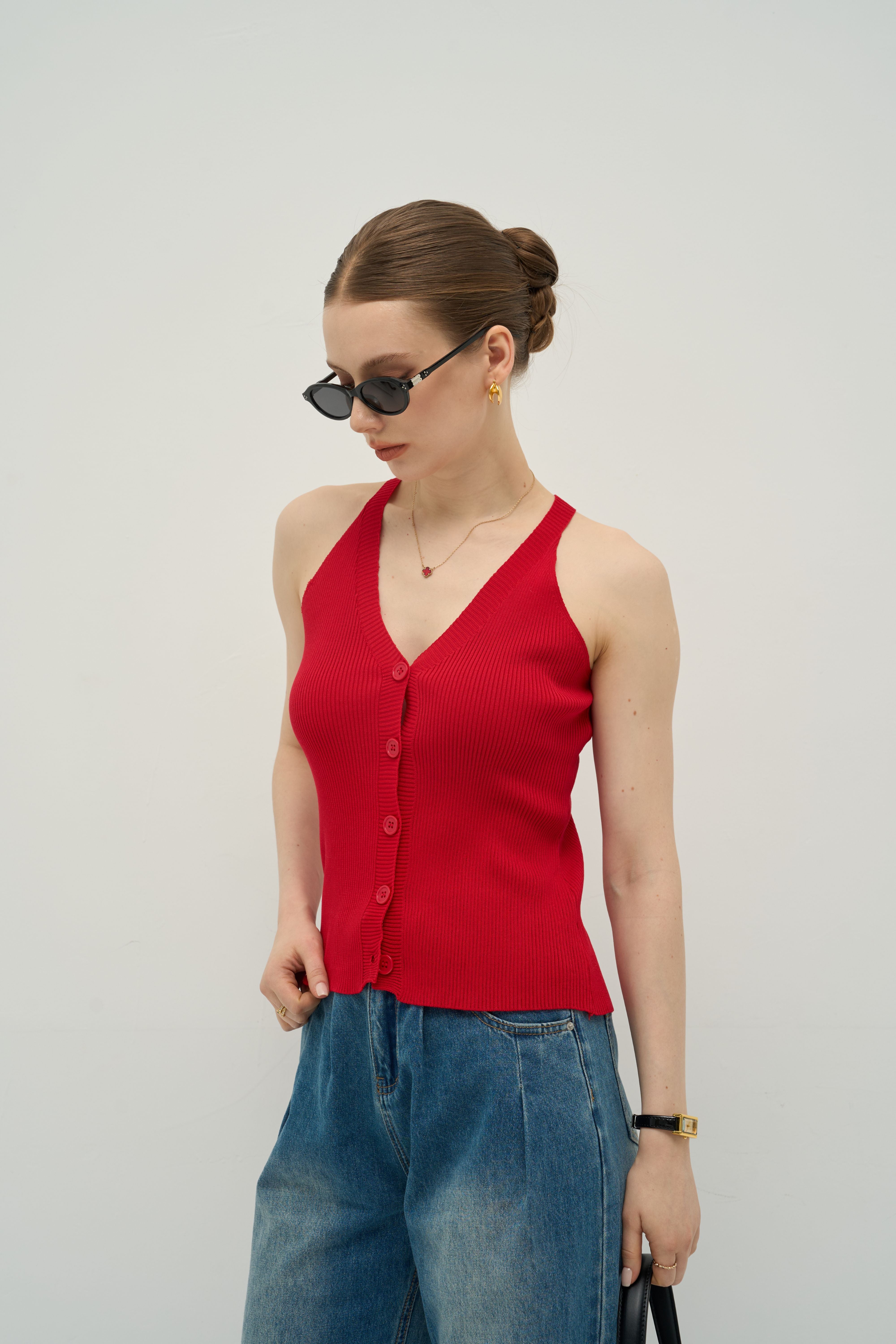 Halter V-Neck Ribbed Button Tank | Merra Muse