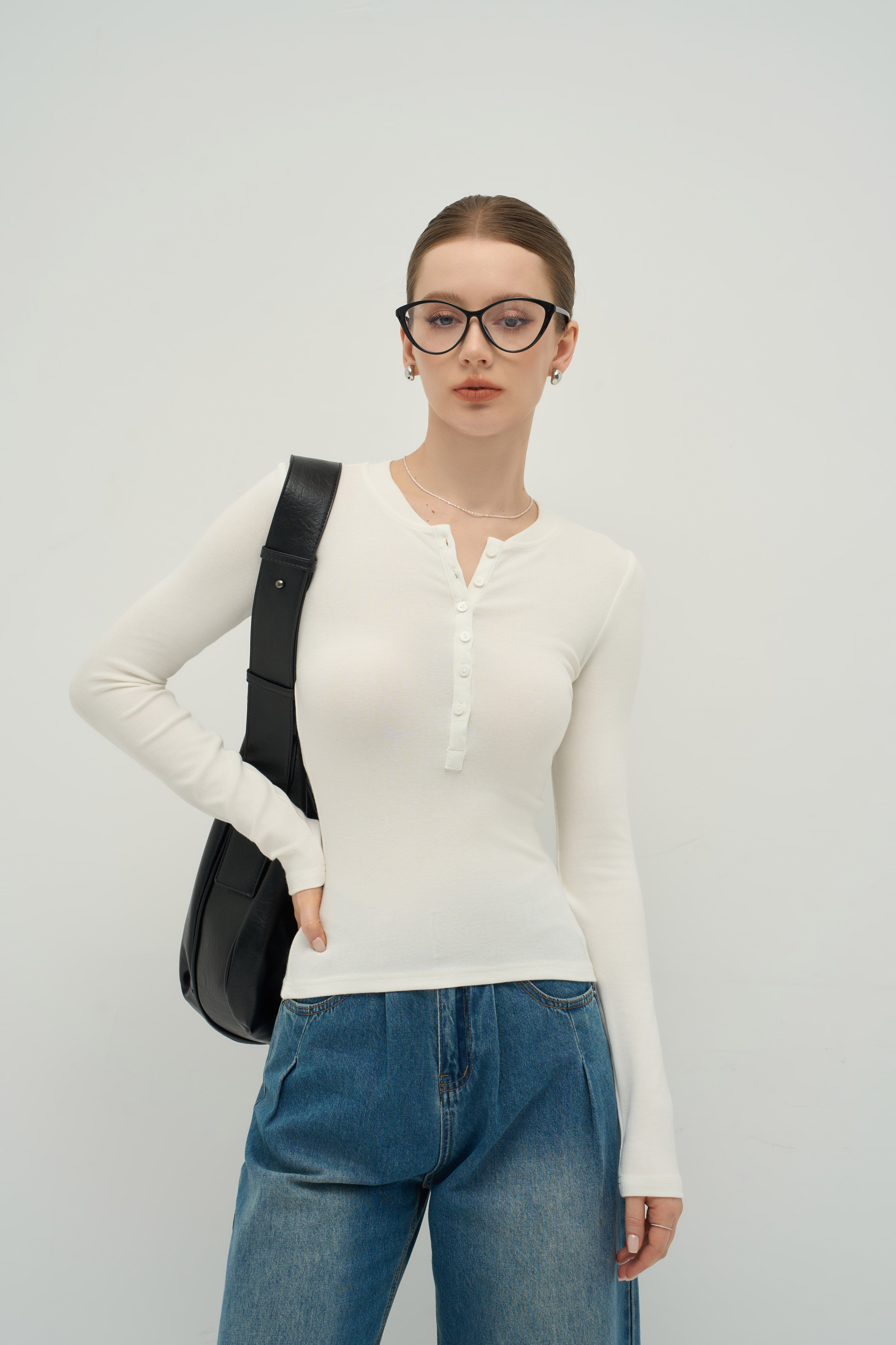 Merra Muse refined cashmere-touch henley long sleeve top with a soft fitted silhouette
