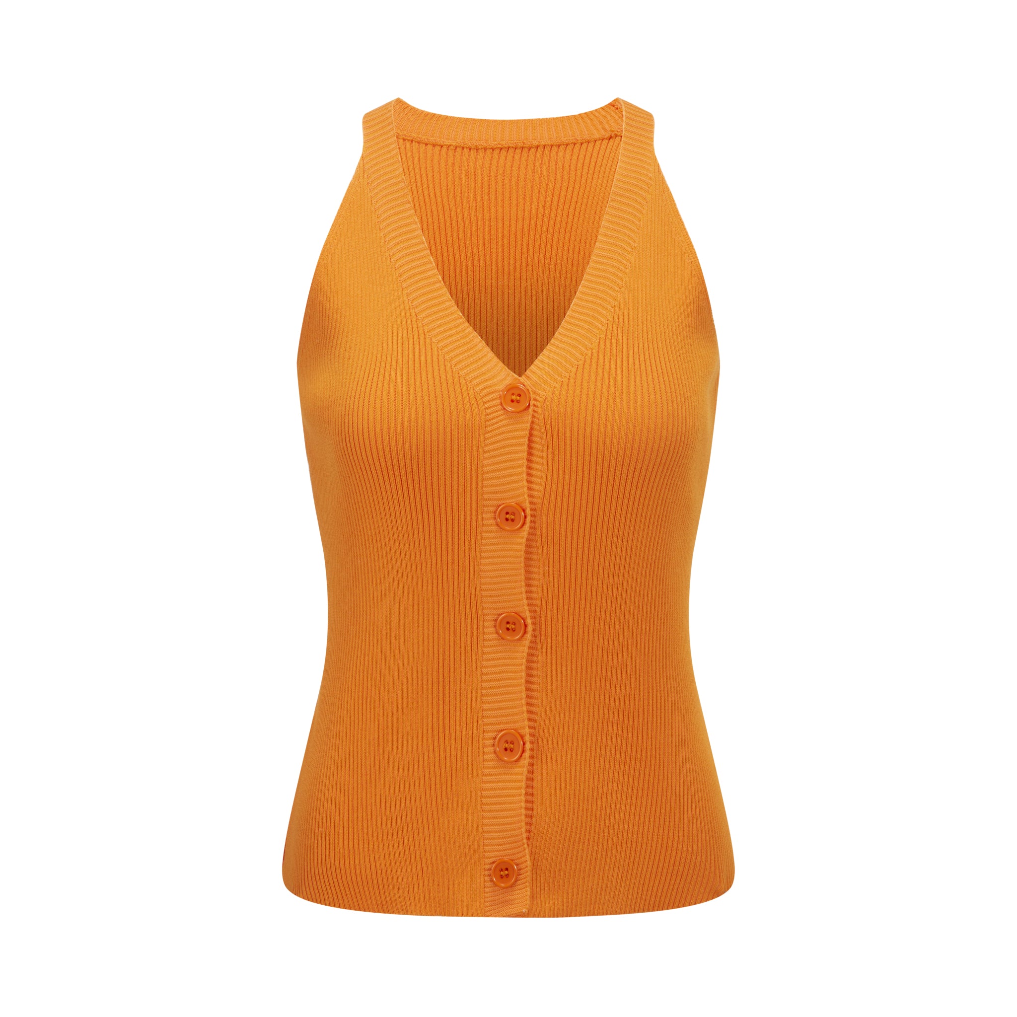 Merra Muse halter V-neck ribbed button tank with a fitted silhouette
