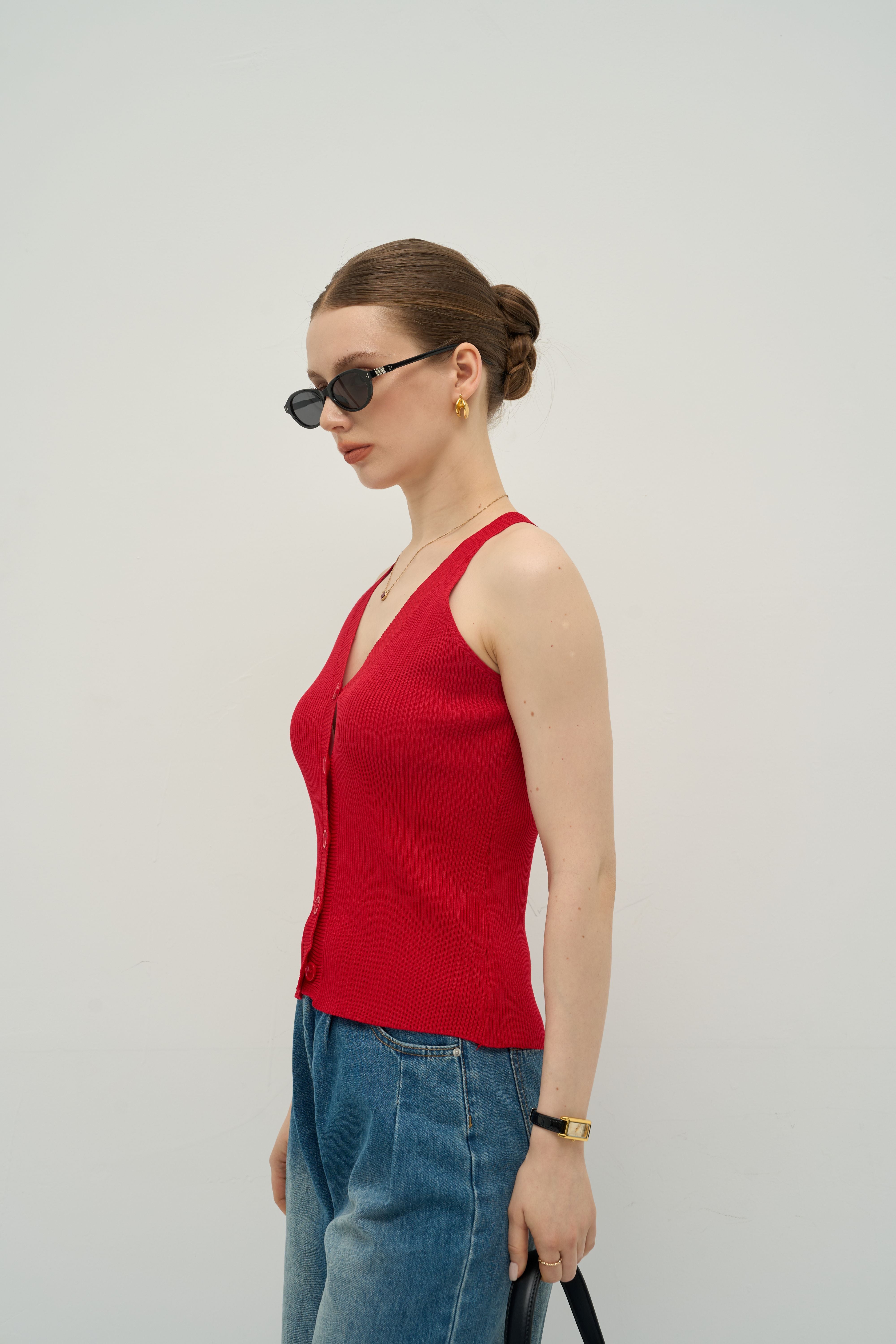 Halter V-Neck Ribbed Button Tank – Quiet Luxury Essential | Merra Muse