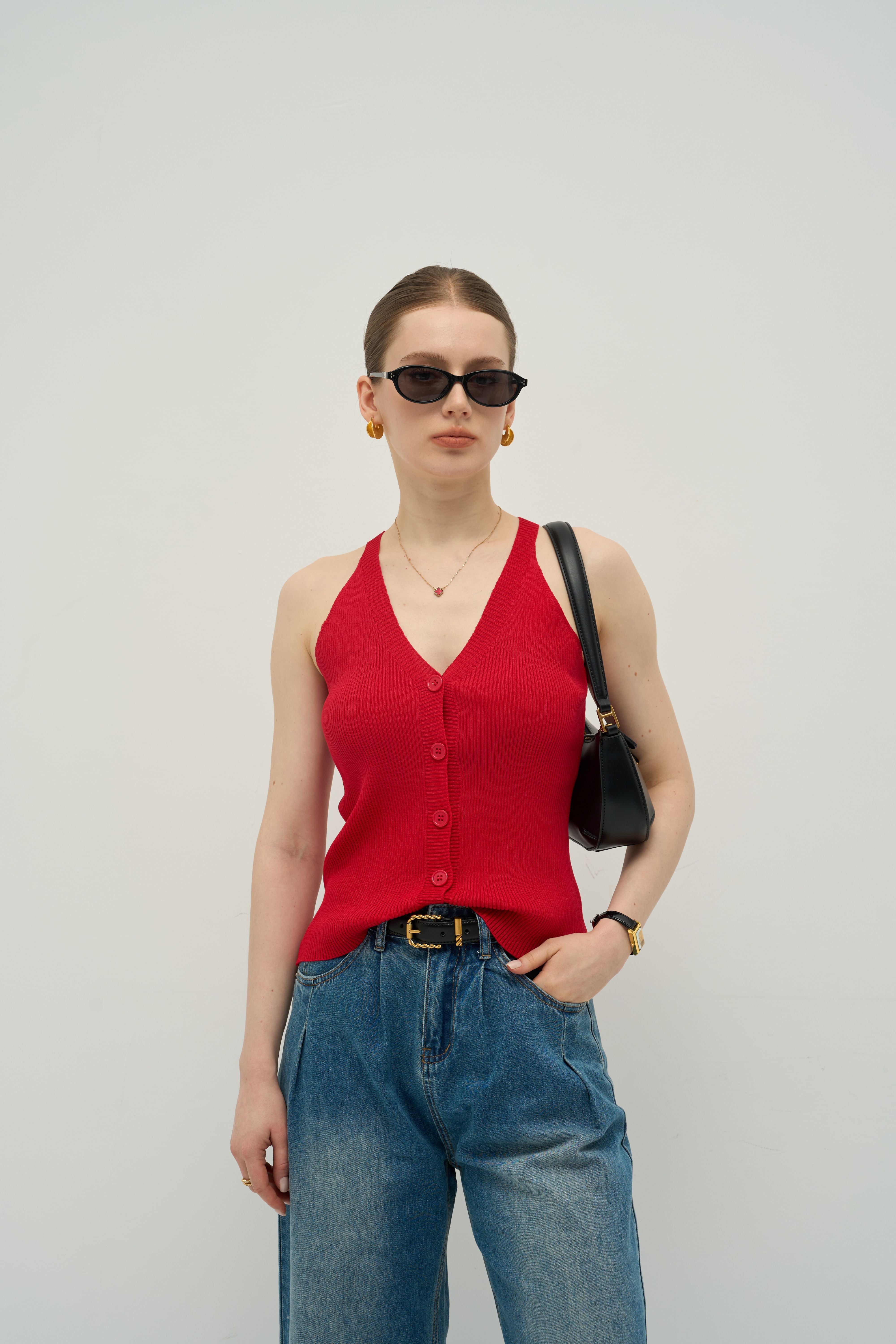 Halter V-Neck Ribbed Button Tank – Quiet Luxury Essential | Merra Muse