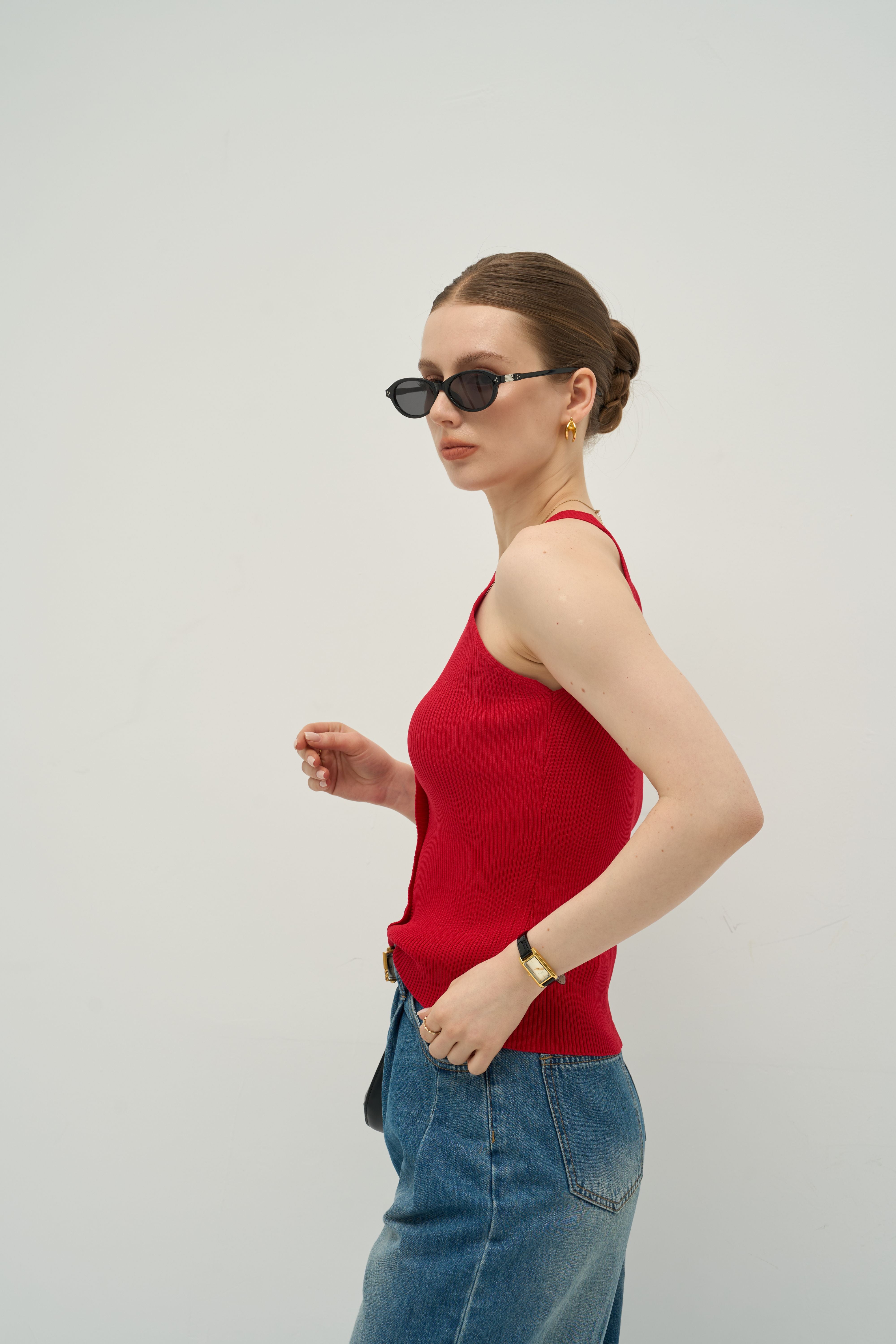 Halter V-Neck Ribbed Button Tank – Quiet Luxury Essential | Merra Muse