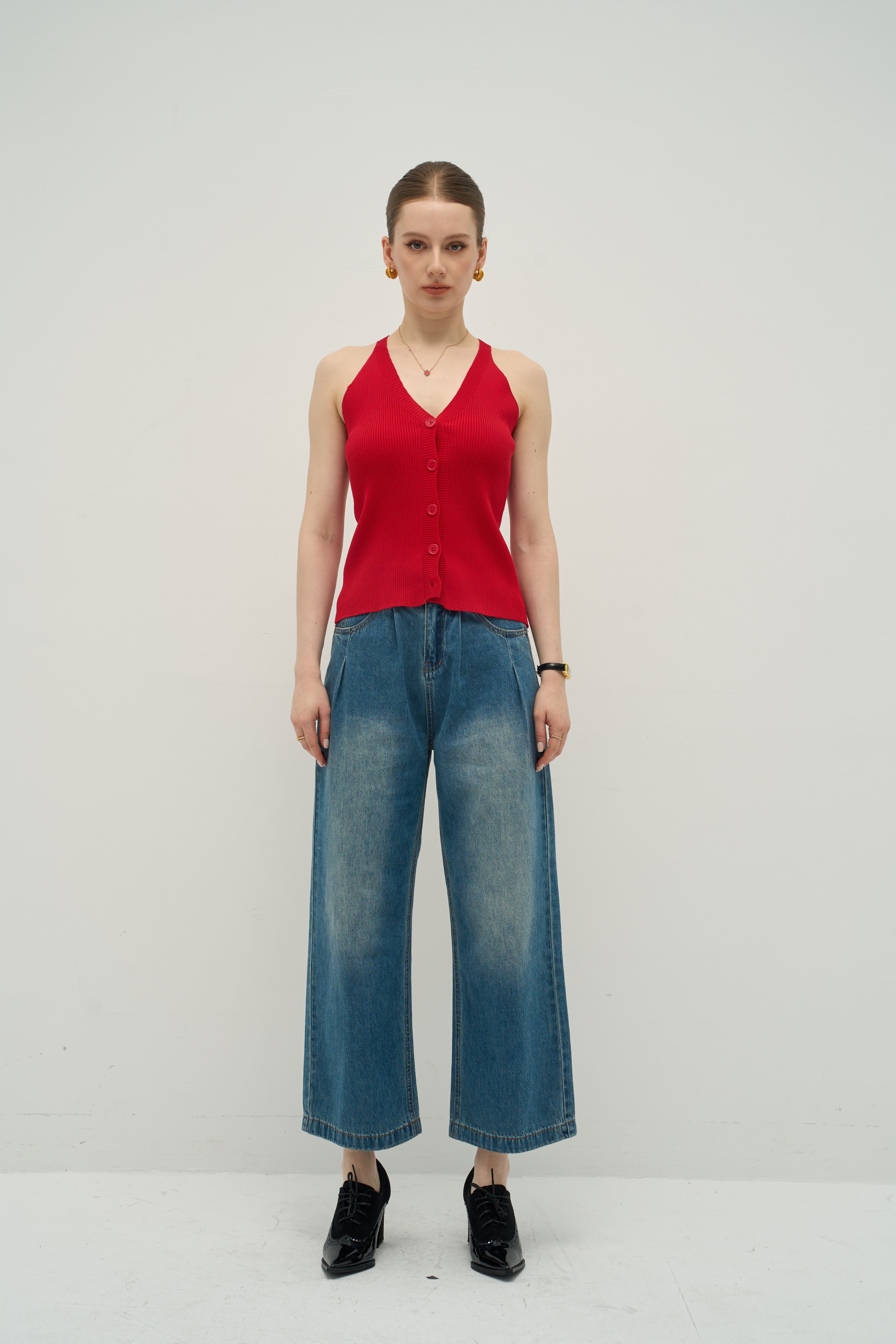 Halter V-Neck Ribbed Button Tank – Quiet Luxury Essential | Merra Muse