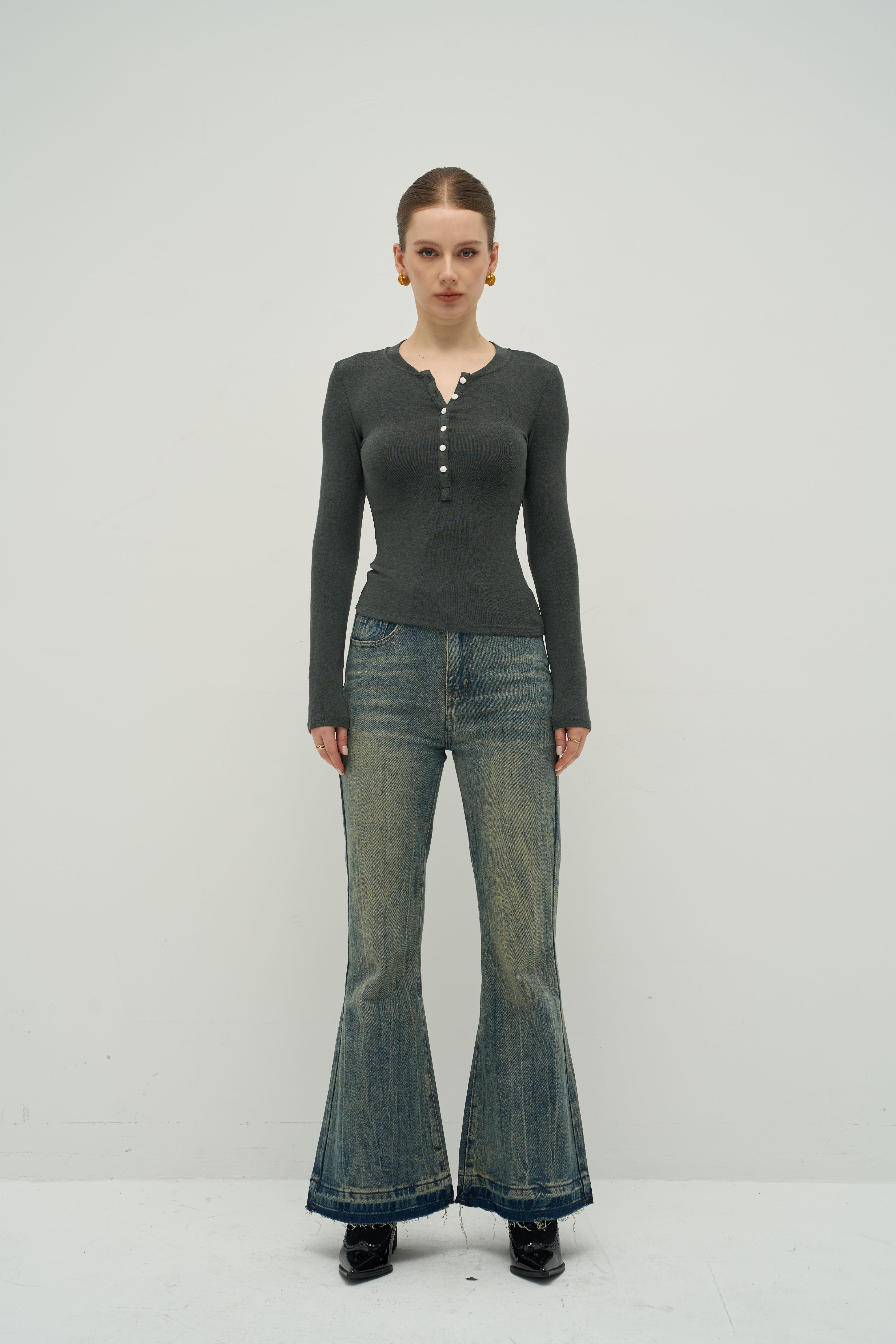 Merra Muse cashmere-touch fabric henley long sleeve with smooth finish and button placket
