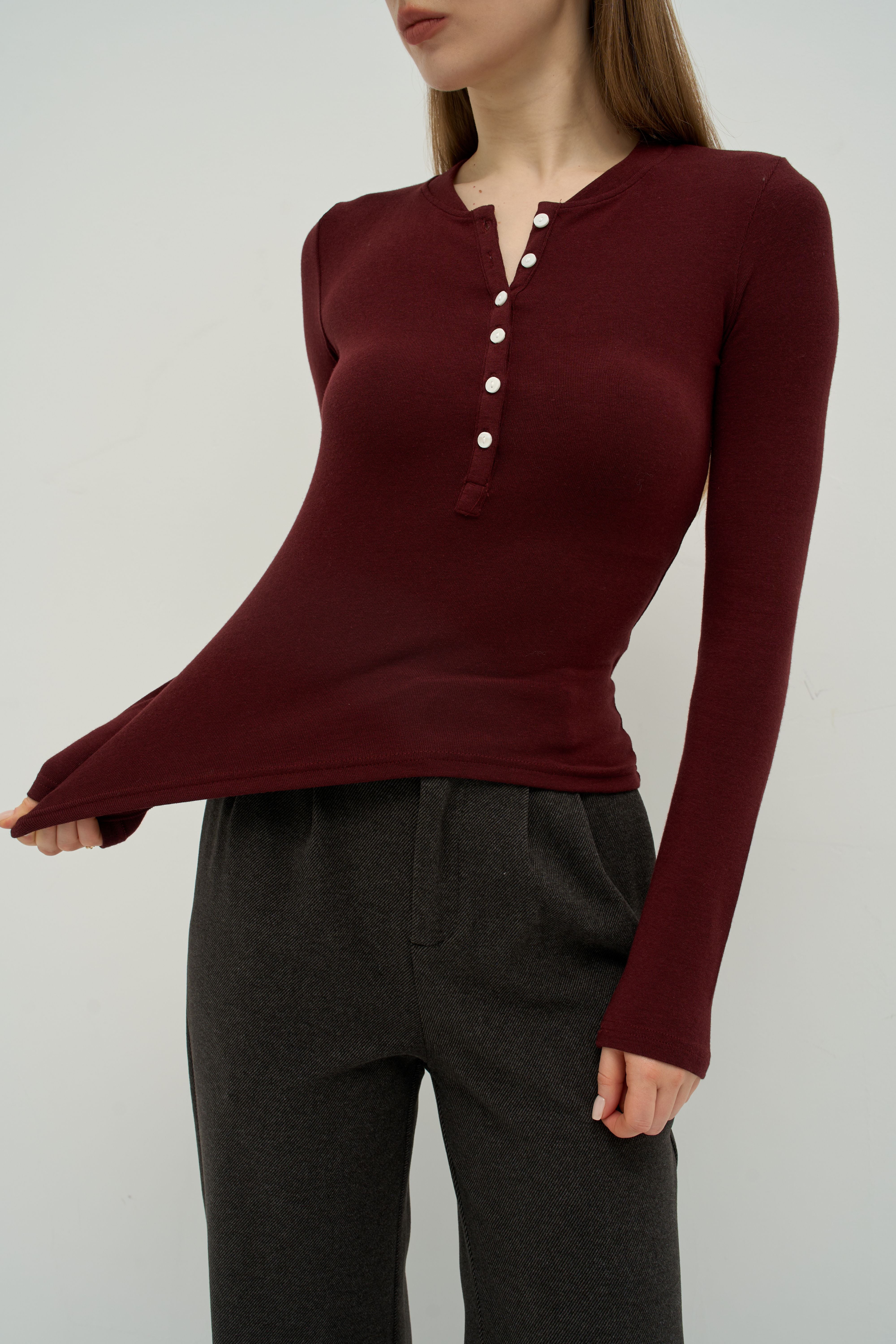 Merra Muse refined cashmere-touch henley long sleeve top with a soft fitted silhouette
