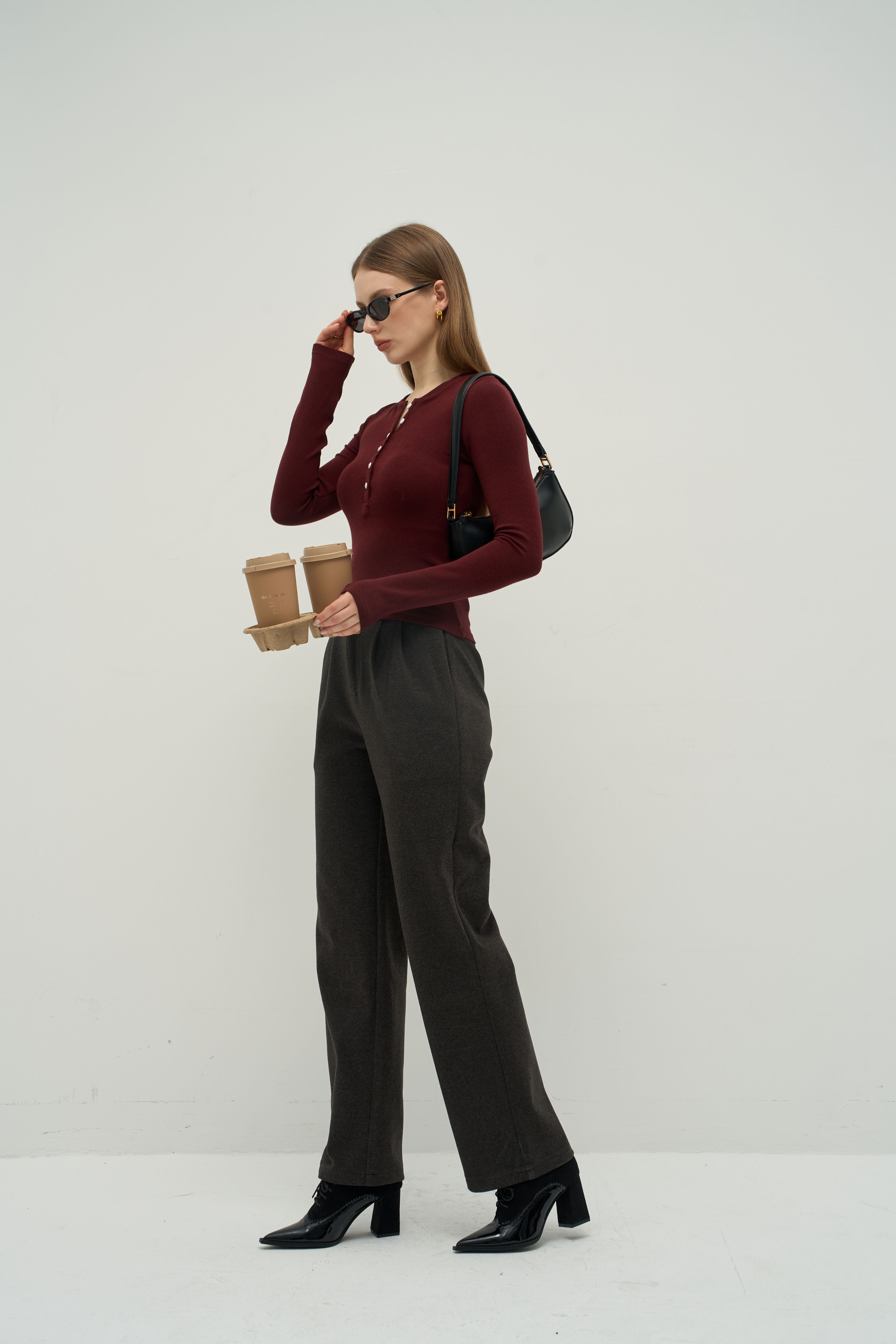 Merra Muse refined cashmere-touch henley long sleeve top with a soft fitted silhouette
