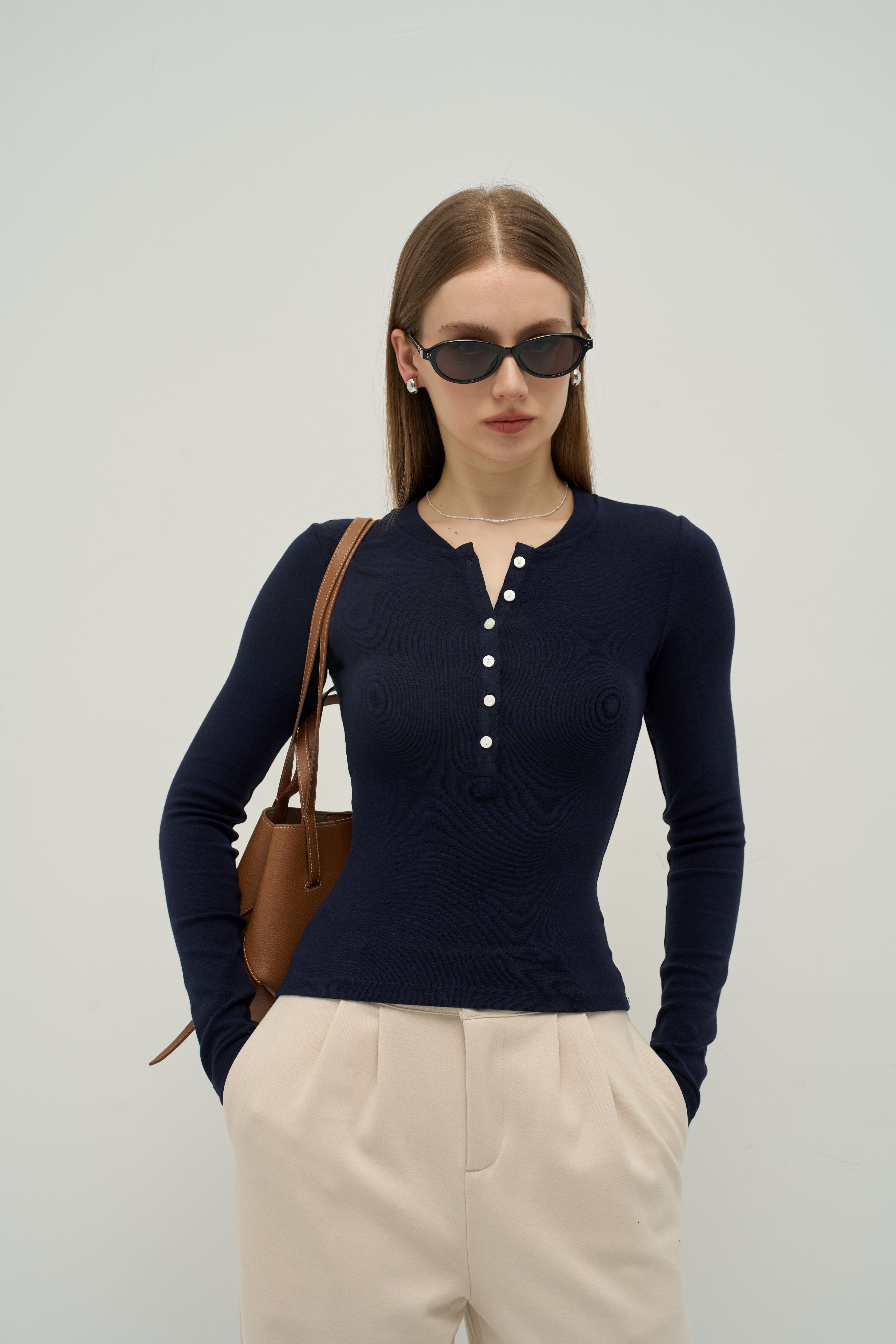 Merra Muse cashmere-touch fabric henley long sleeve with smooth finish and button placket
