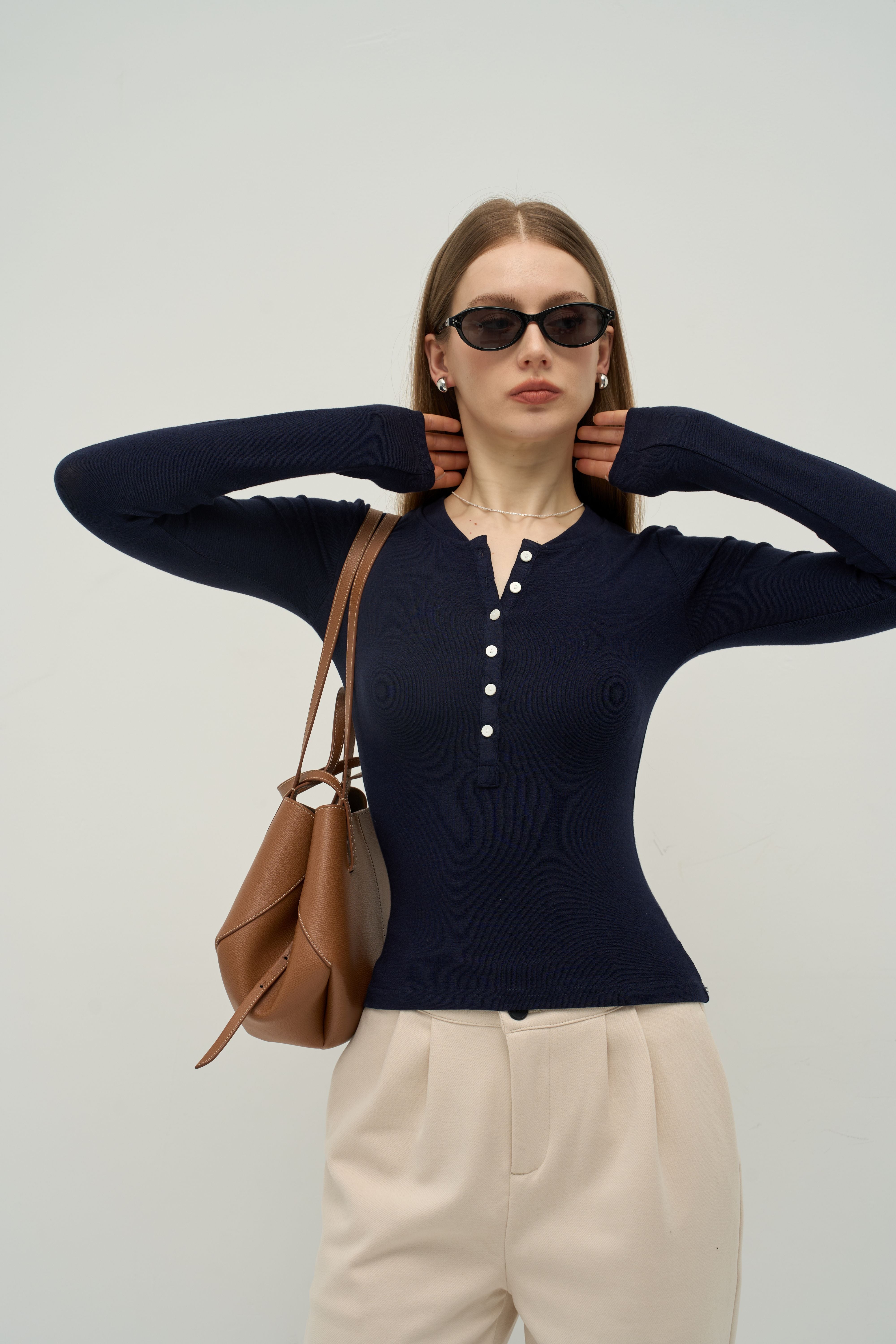 Merra Muse cashmere-touch fabric henley long sleeve with smooth finish and button placket
