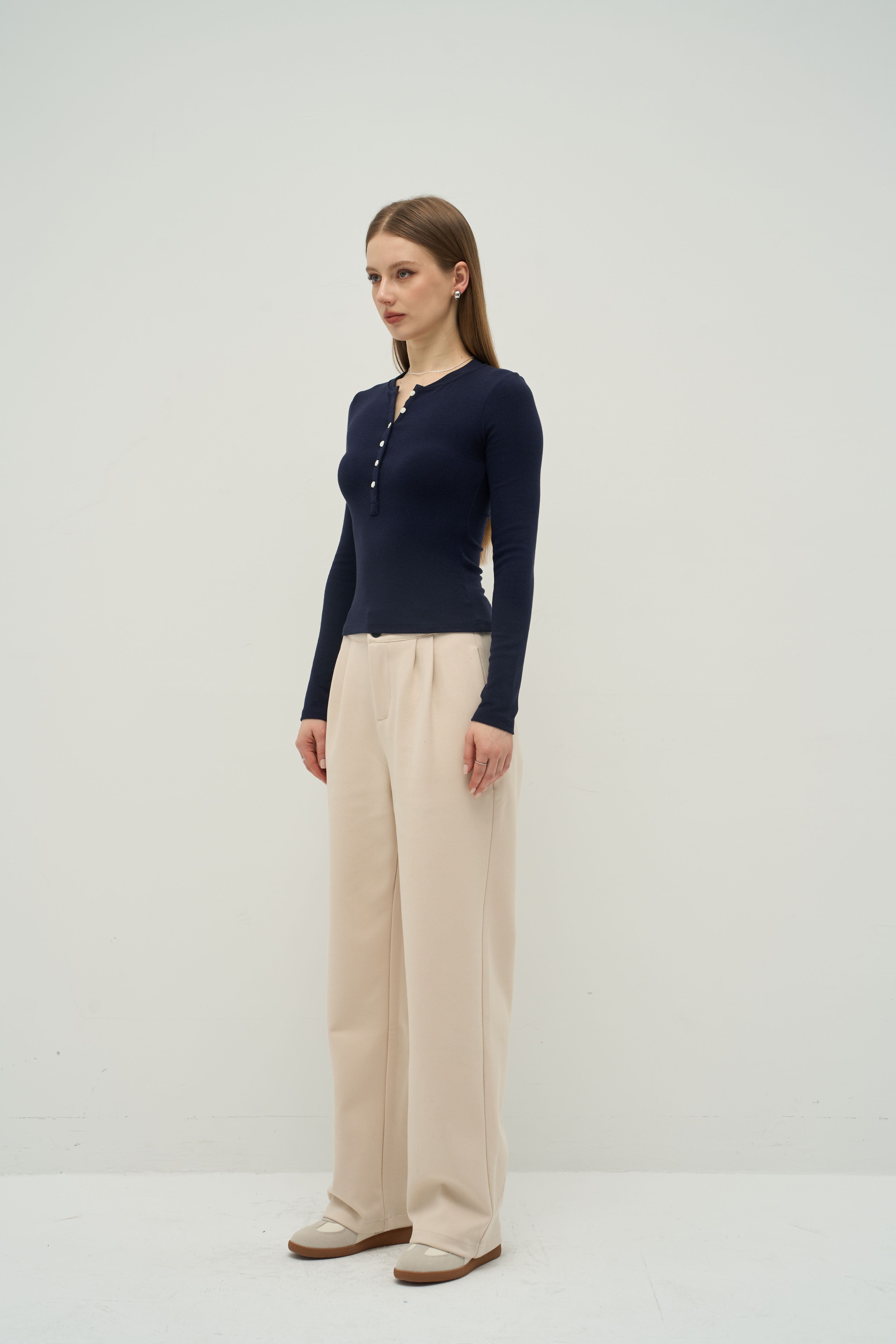 Merra Muse cashmere-touch fabric henley long sleeve with smooth finish and button placket
