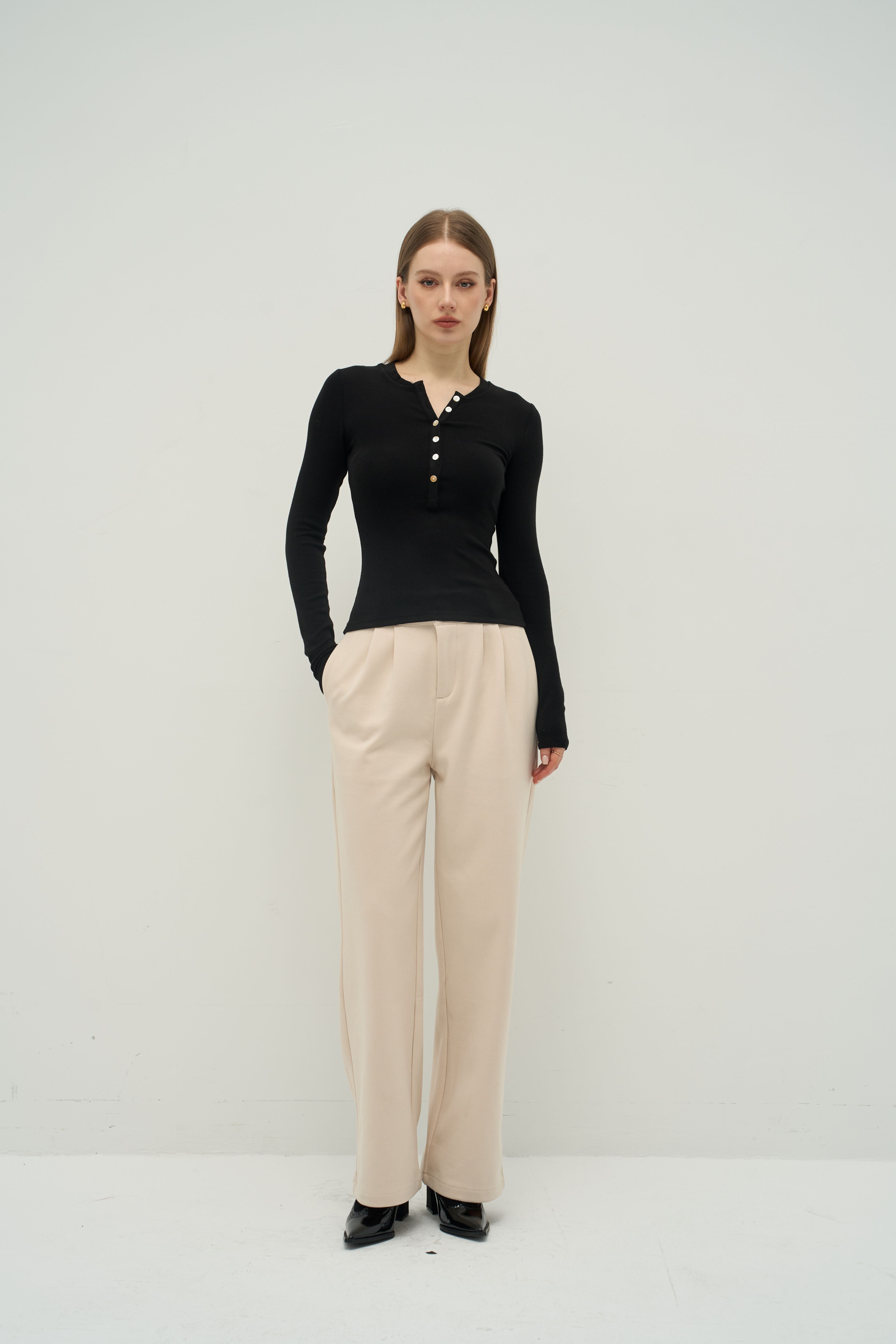 Merra Muse cashmere-touch henley long sleeve styled for effortless everyday wear
